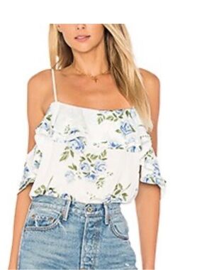 L'Academie White One-Piece Bodysuit with Blue Rose Print S